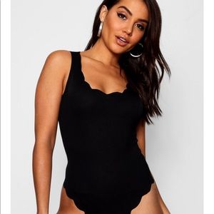 Boohoo Scalloped Neck Black Bodysuit
